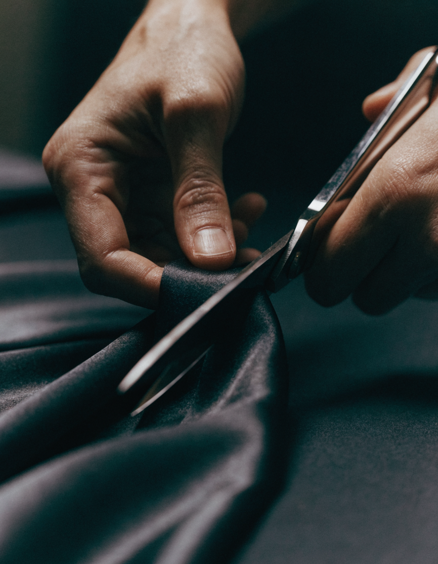 Hands cutting and matching silk, cropped close with no surroundings visible