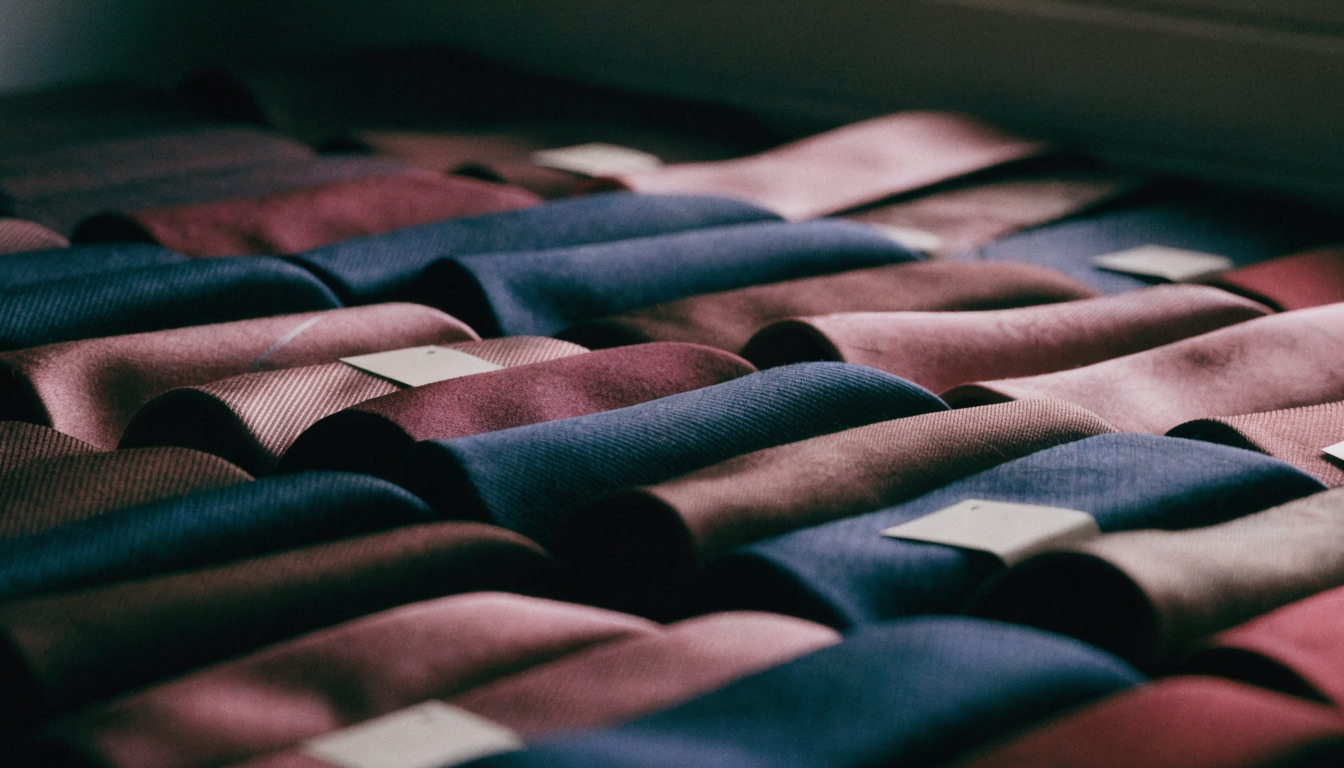 Rows of neckties with tags still attached, tightly cropped
